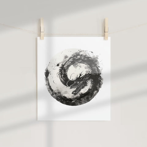 Abstract Black Dragon Circle Art Print Decor