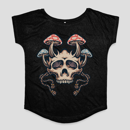 Mushroom Skull Art Graphic on Black T-shirt
