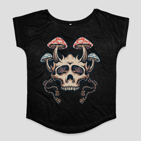 Mushroom Skull Art Graphic on Black T-shirt