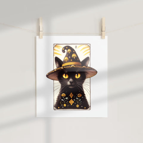 Magical Black Cat with Witch Hat Art Print