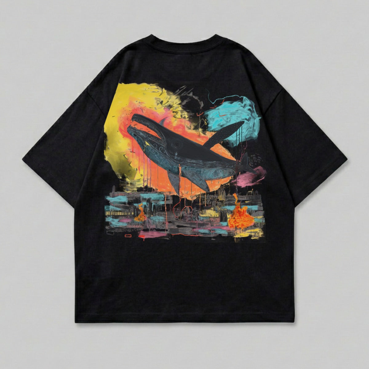 Vibrant whale design abstract city art black product type