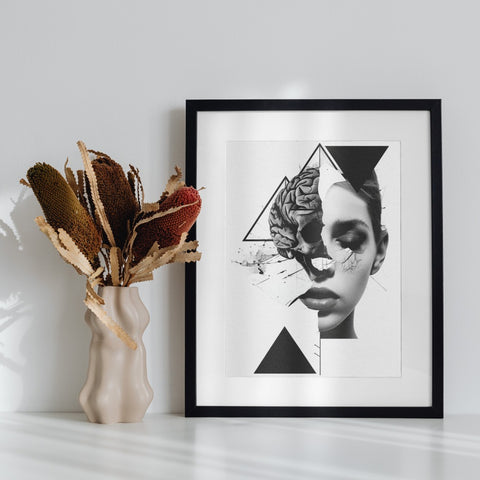 Abstract Black and White Brain Art Print Framed Artwork