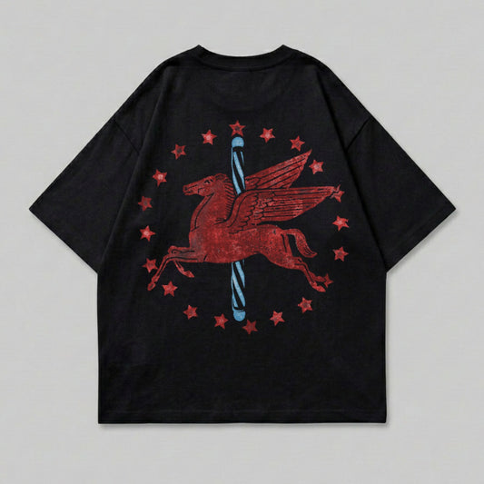 Black t-shirt with red Pegasus and blue pole graphic surrounded by red stars.