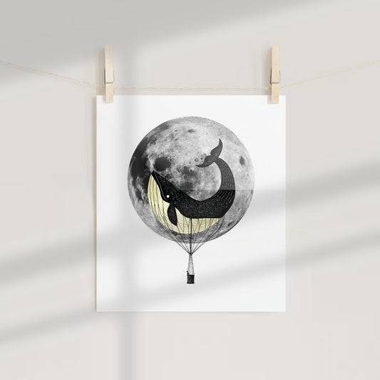Whale Hot Air Balloon Ride with Moon Poster Print