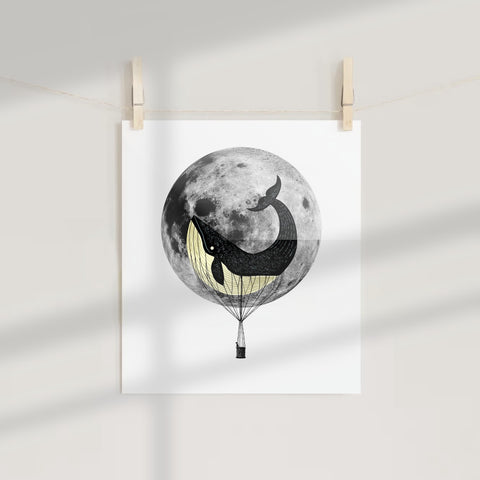 Whale Hot Air Balloon Ride with Moon Poster Print