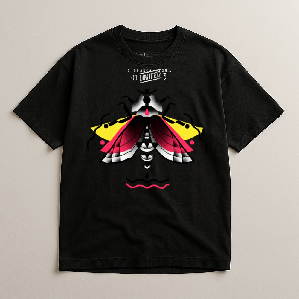 Colorful Graphic Moth Design Black Tee Shirt