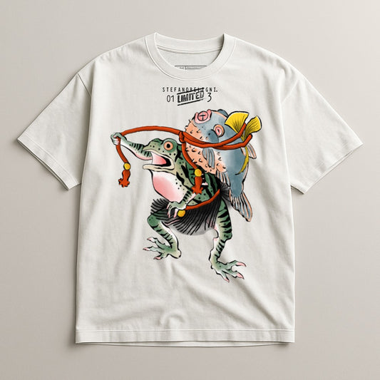 Illustrated Frog and Fish Character Graphic T-Shirt