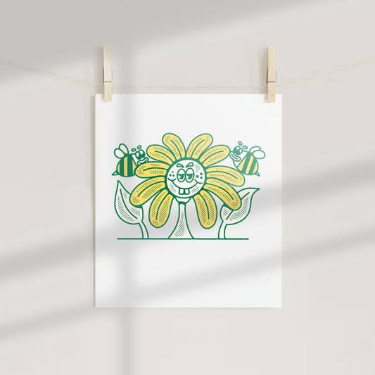 Cheerful Sunflower with Bees Art Print Poster