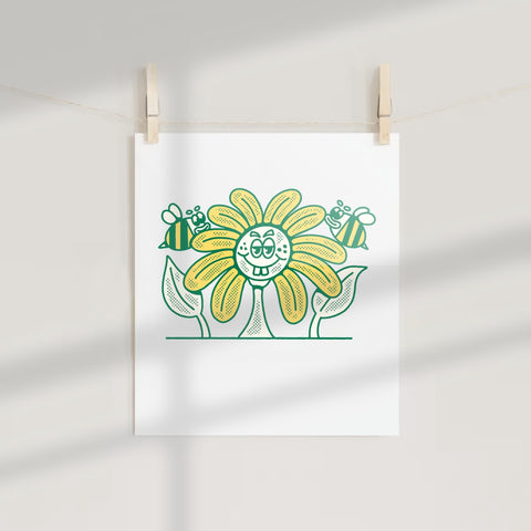 Cheerful Sunflower with Bees Art Print Poster