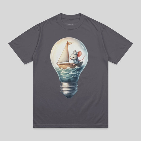 Mouse wearing sailor hat sails in a lightbulb boat on water.