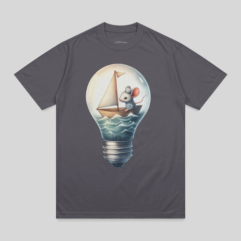 Mouse wearing sailor hat sails in a lightbulb boat on water.
