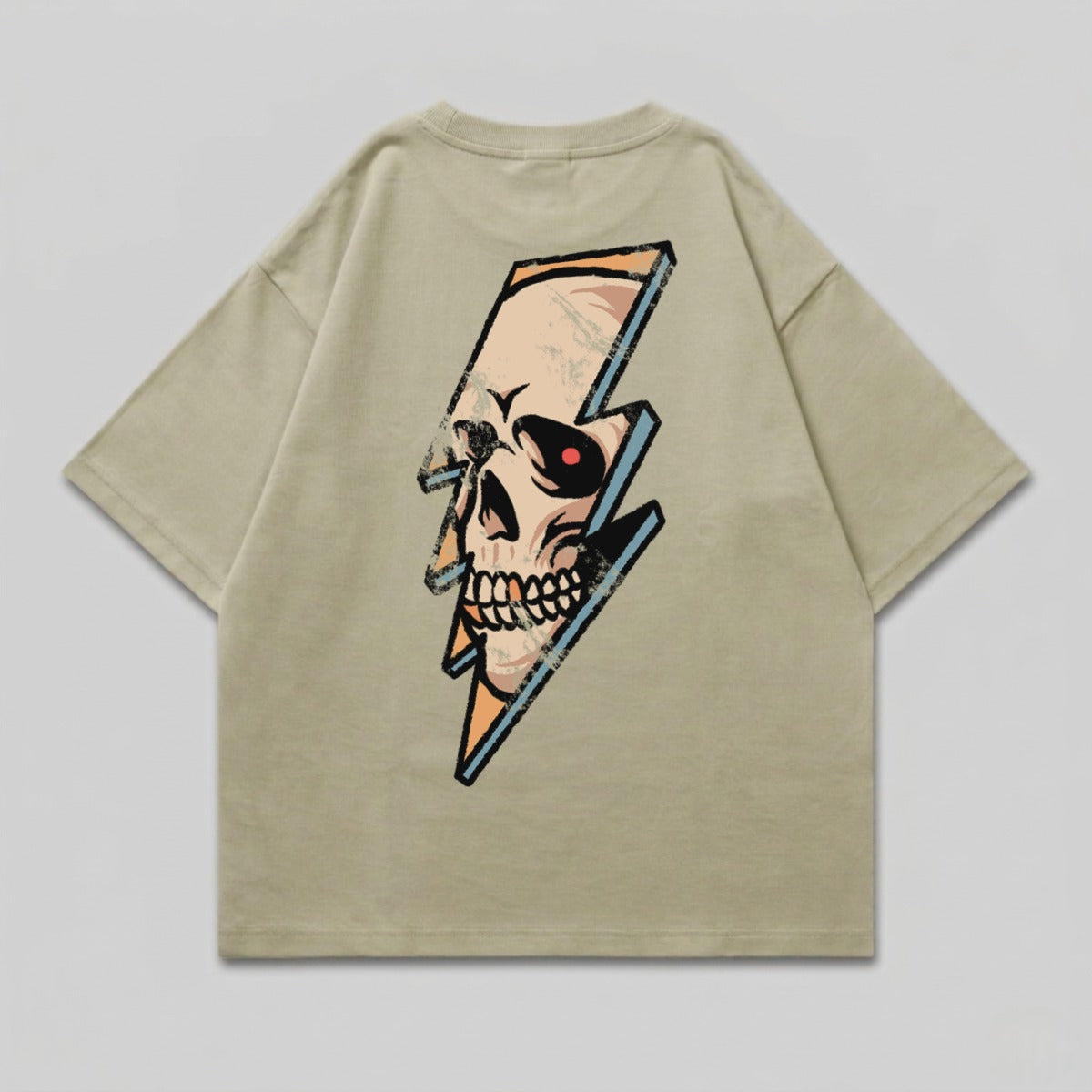 Grunge Skull Lightning Bolt Graphic Design product type
Skull graphic, Lightning bolt print, Grunge style, Distressed design, Edgy apparel, Back print shirt, Beige t-shirt, Streetwear fashion, Alternative style, Unique design, Graphic tee, Retro look, Vintage inspired, Oversized fit, Casual top, Bold graphic, Cool print, Skull shirt, Lightning shirt, Creative graphic