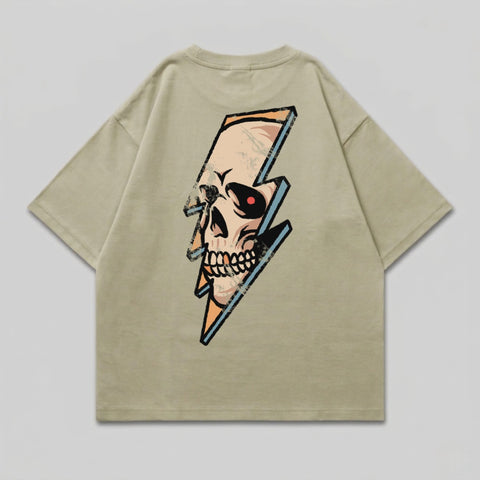 Grunge Skull Lightning Bolt Graphic Design product type
Skull graphic, Lightning bolt print, Grunge style, Distressed design, Edgy apparel, Back print shirt, Beige t-shirt, Streetwear fashion, Alternative style, Unique design, Graphic tee, Retro look, Vintage inspired, Oversized fit, Casual top, Bold graphic, Cool print, Skull shirt, Lightning shirt, Creative graphic