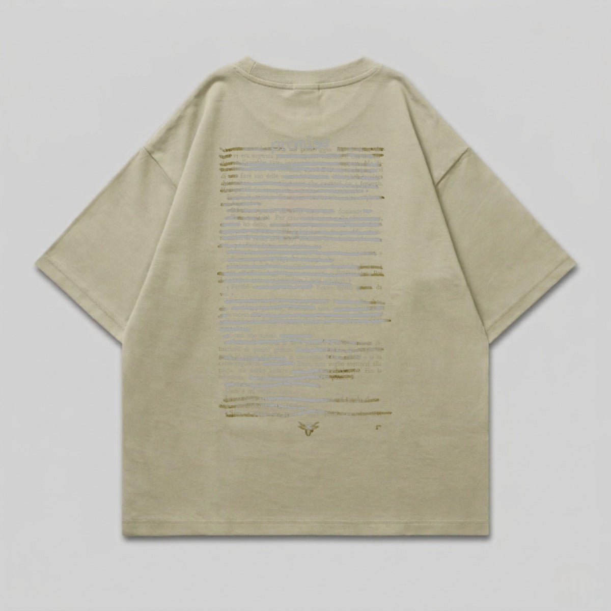 Tan t-shirt with text printed on the back in gray and gold.