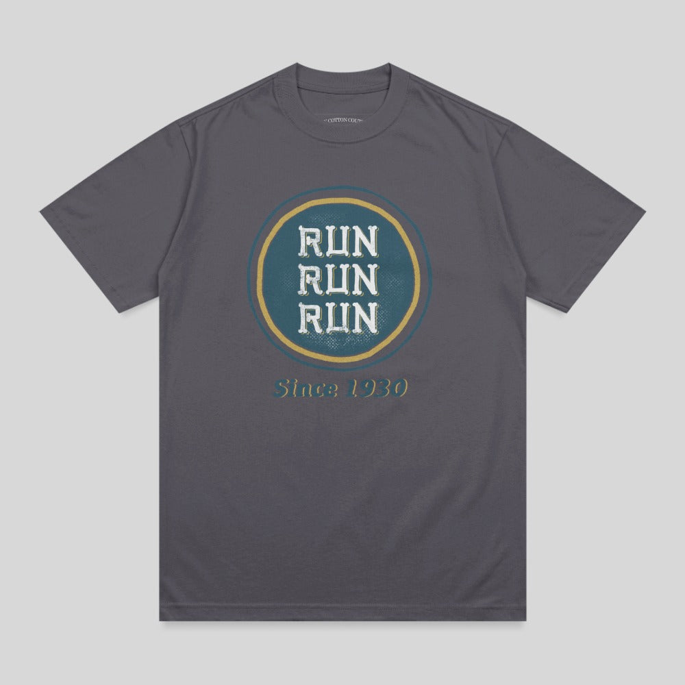 Dark gray t-shirt with circular "RUN RUN RUN Since 1930" graphic.