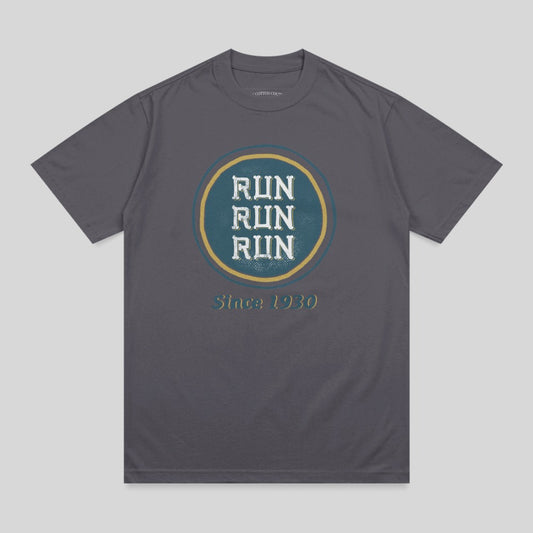 Dark gray t-shirt with circular "RUN RUN RUN Since 1930" graphic.
