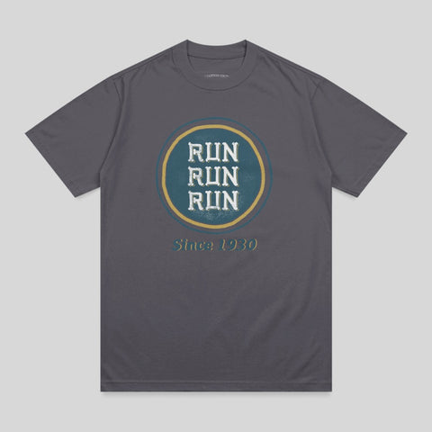 Dark gray t-shirt with circular "RUN RUN RUN Since 1930" graphic.