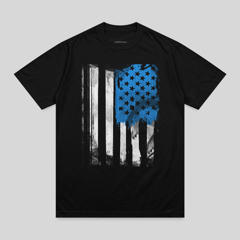 Black t-shirt with distressed American flag graphic featuring blue stars and white stripes.