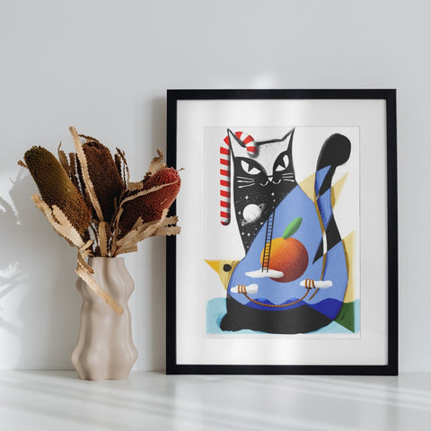 Abstract Cat with Red Candy Cane Wall Art Print