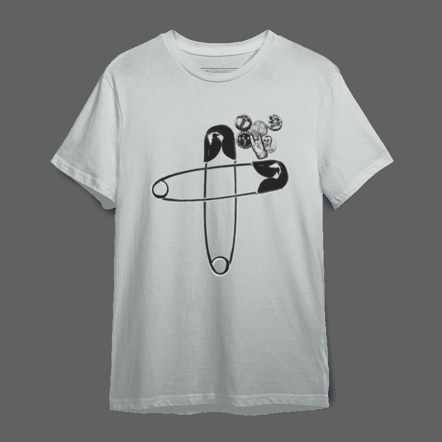 Casual White T-Shirt with Artistic Safety Pin Print