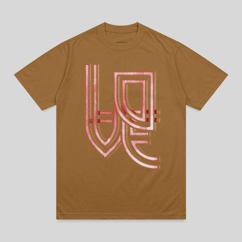 Brown t-shirt with abstract red and white graphic design.