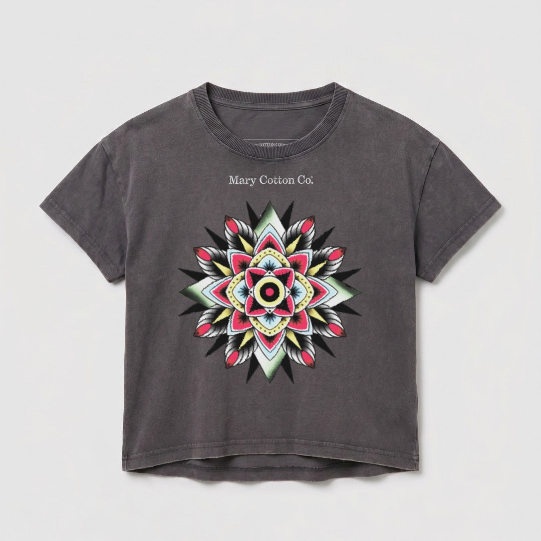 Dark grey cropped t-shirt with a colorful mandala design and "Mary Cotton Co." text.