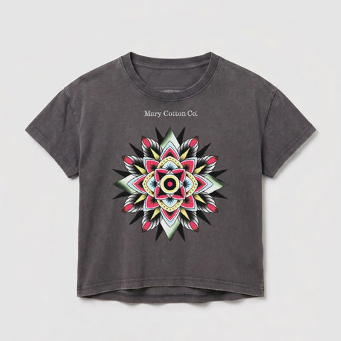 Dark grey cropped t-shirt with a colorful mandala design and "Mary Cotton Co." text.
