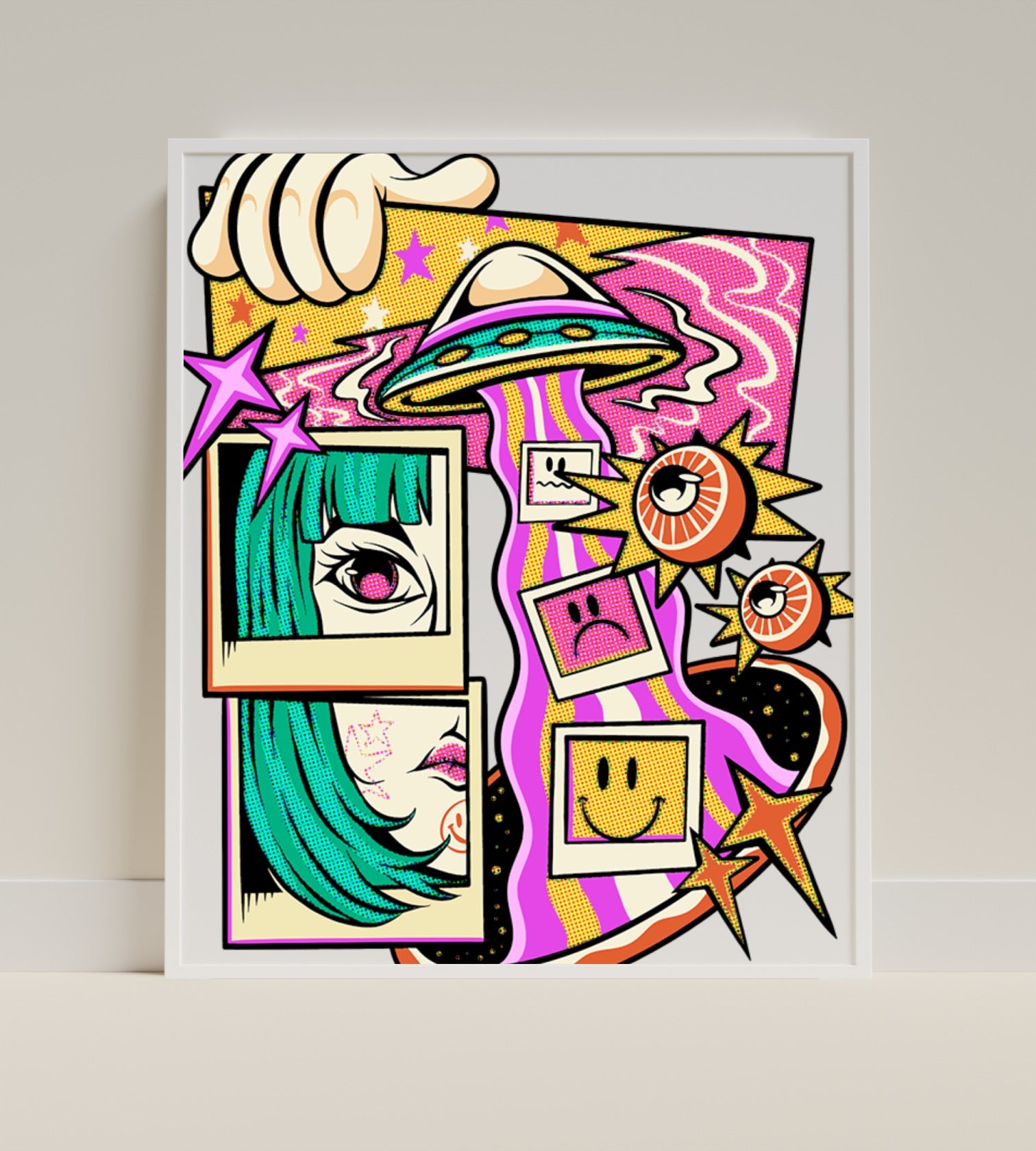 Colorful Abstract Pop Art with Eyes Smiles and UFO Poster