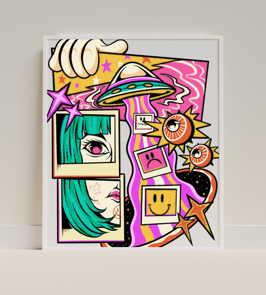 Colorful Abstract Pop Art with Eyes Smiles and UFO Poster