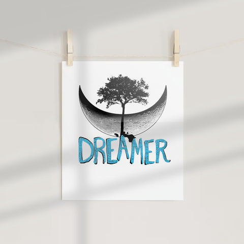 Dreamer Poster with Tree and Crescent Moon Design