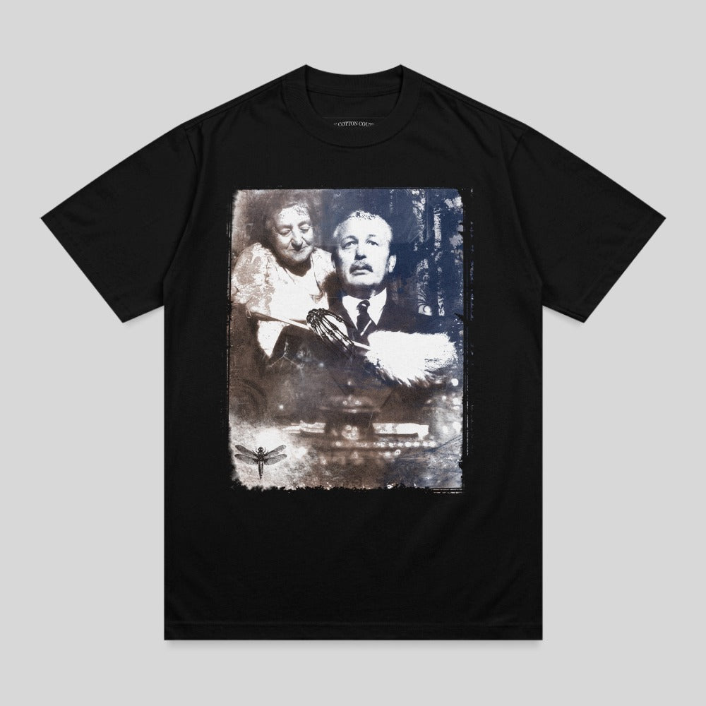 Black t-shirt with a vintage portrait of a couple and a dragonfly graphic.