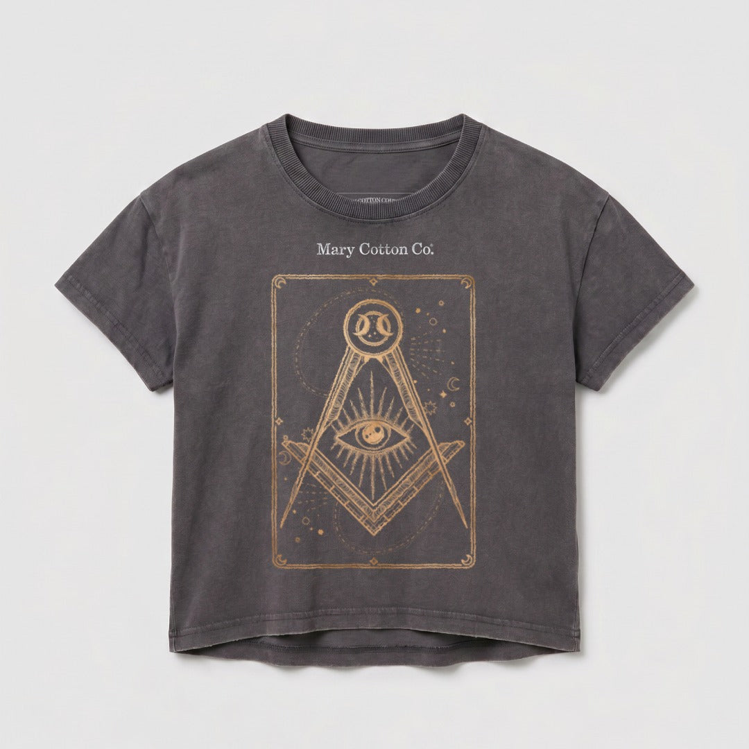 Dark grey t-shirt with a gold Masonic eye and compass design.