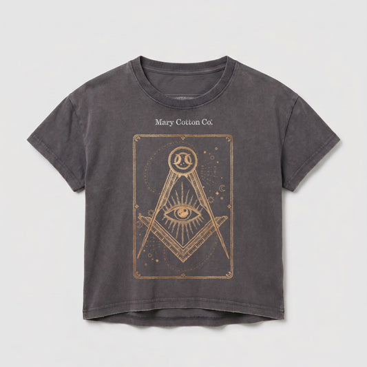 Dark grey t-shirt with a gold Masonic eye and compass design.