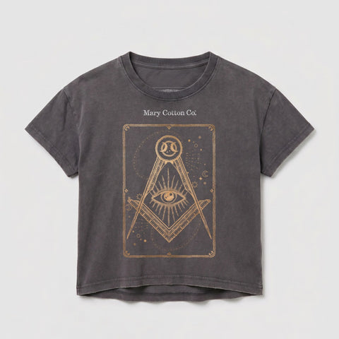 Dark grey t-shirt with a gold Masonic eye and compass design.