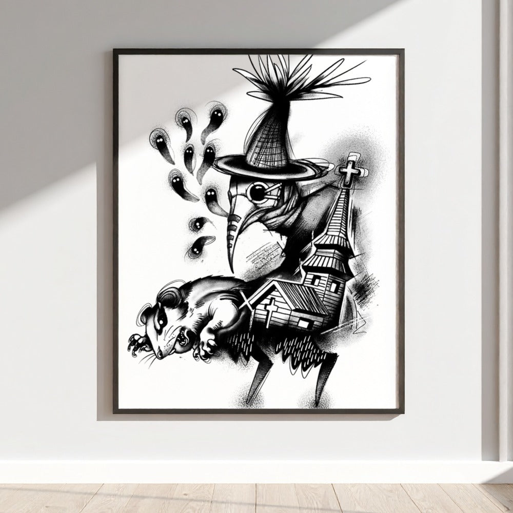 Plague Doctor and Church Gothic Art Print