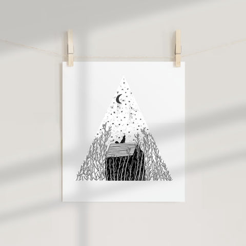 Dreamy Night Sky Illustration with Animal Silhouette Poster