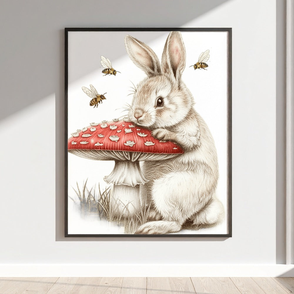 Adorable Bunny with Mushroom and Bees Art Print