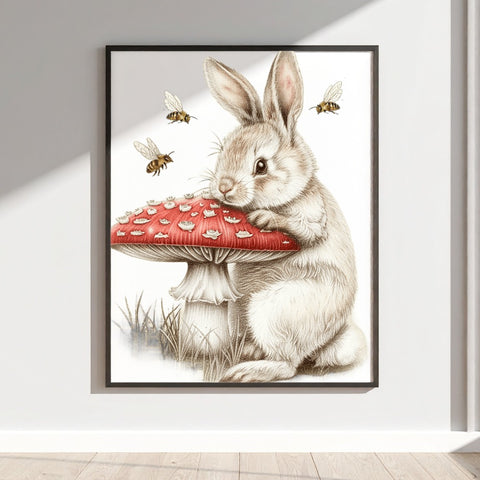 Adorable Bunny with Mushroom and Bees Art Print