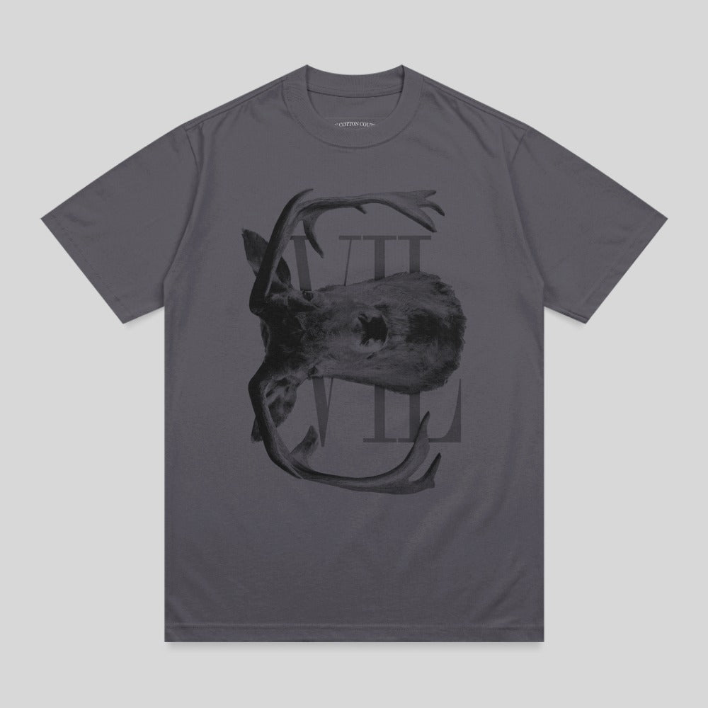 Gray t-shirt with an abstract black deer skull graphic and Roman numerals.