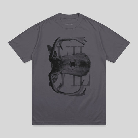 Gray t-shirt with an abstract black deer skull graphic and Roman numerals.