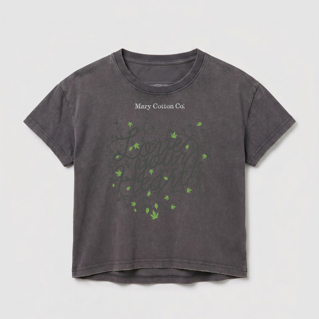 Dark gray t-shirt with "Mary Cotton Co." and a leafy heart design.