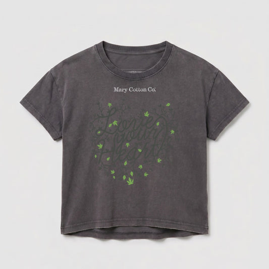 Dark gray t-shirt with "Mary Cotton Co." and a leafy heart design.