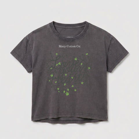 Dark gray t-shirt with "Mary Cotton Co." and a leafy heart design.