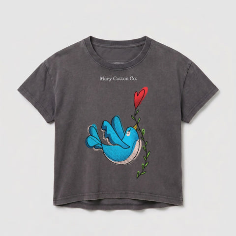 Gray t-shirt with blue bird and red heart graphic, "Mary Cotton Co." text.