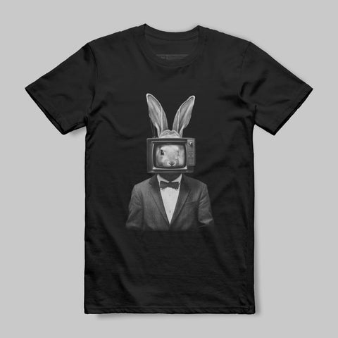 Unique Surreal Rabbit with TV Head Graphic T-Shirt