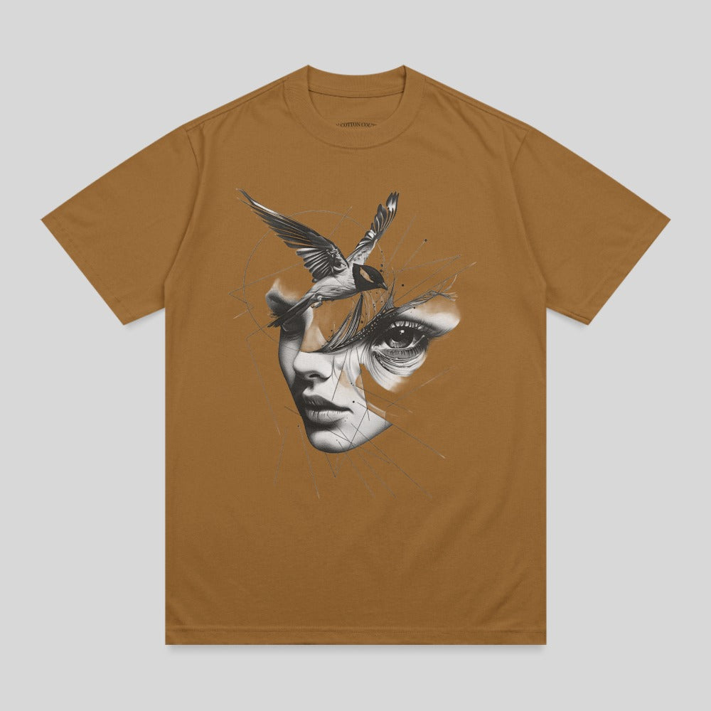 Captivating woman face eye bird flight art graphic product type