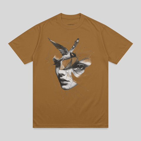 Captivating woman face eye bird flight art graphic product type