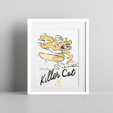 Killer Cat Surfing Poster Graphic Art Decor