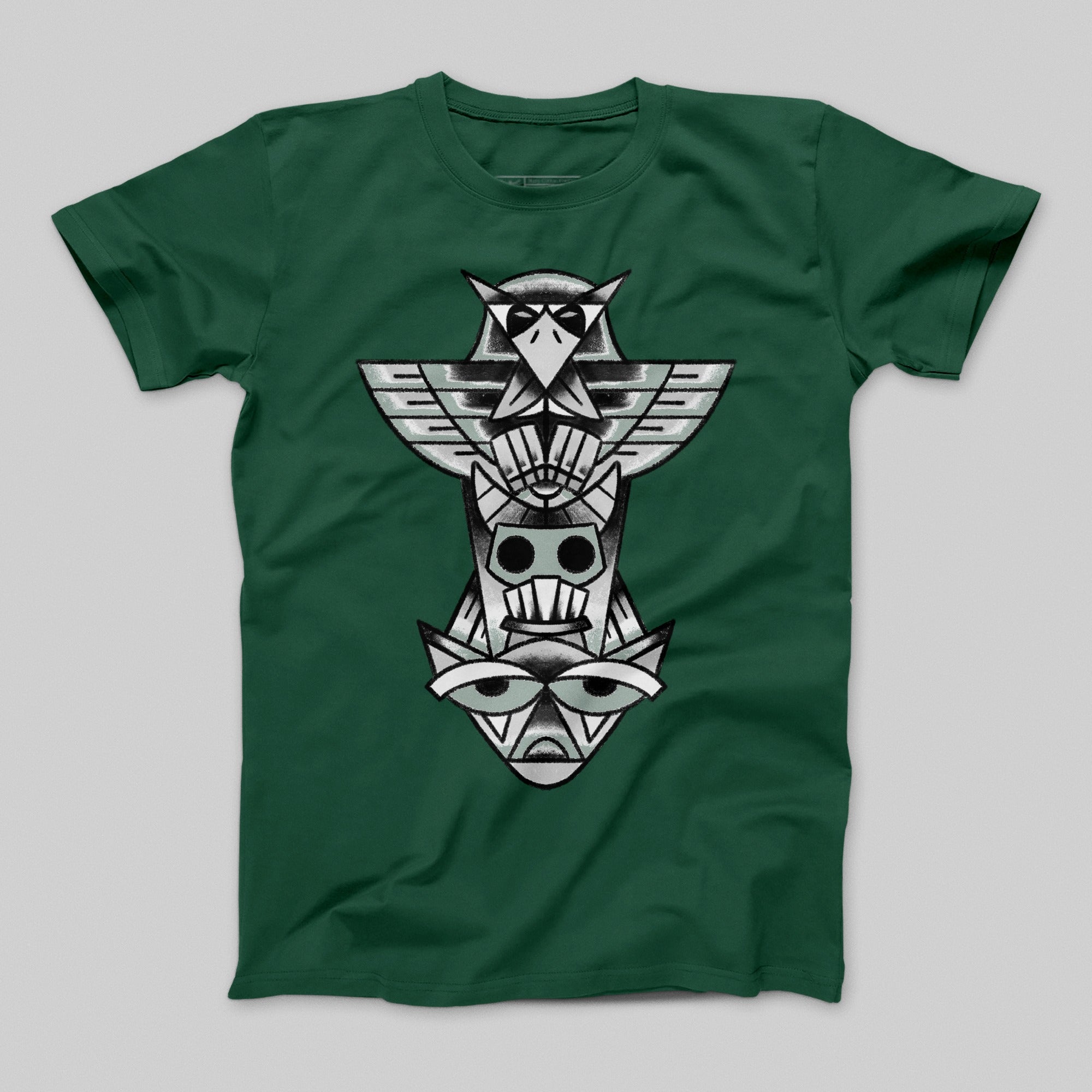 Green Shirt with Tribal Totem Graphic Design