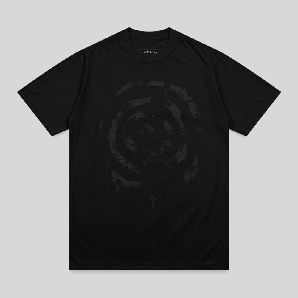 Black t-shirt with a circular, distressed graphic design and a small logo.
